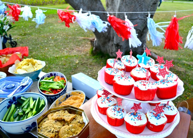 Joe Harper made amazing roasted pepper hummus with fresh cut veggies and Paige made the beautiful cupcakes!