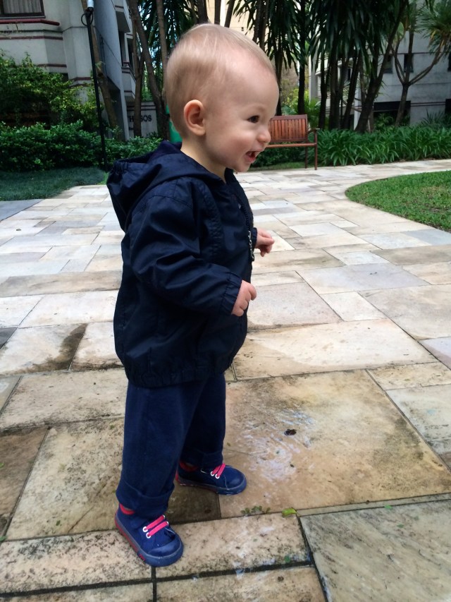 Gigi taught him how to splash in puddles and he is addicted!