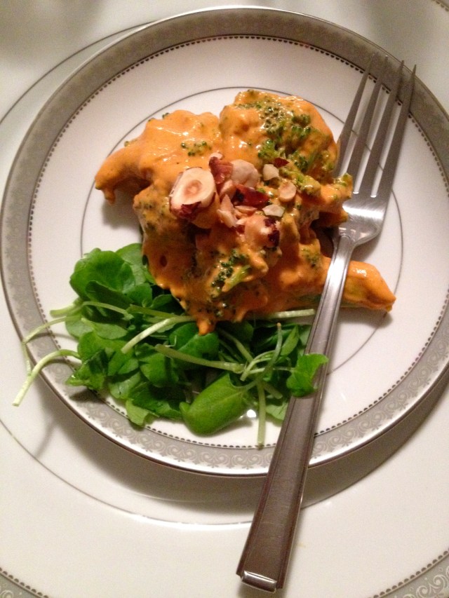 Course 2: Broccoli with romesco sauce and a side of greens.
