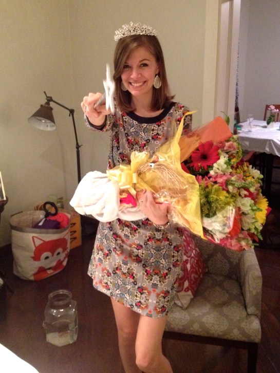 Feeling like the queen of the night - holding flowers from my sweet in laws.