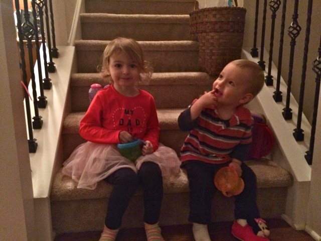 Sitting on the stairs just being cute together.