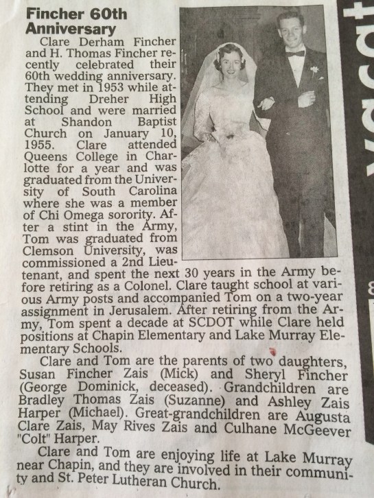 Announcement in the paper with their wedding picture from 60 years ago!