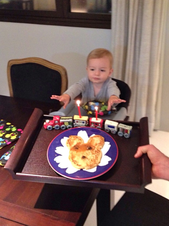 Mickey Mouse pancake coming to the eager birthday boy!