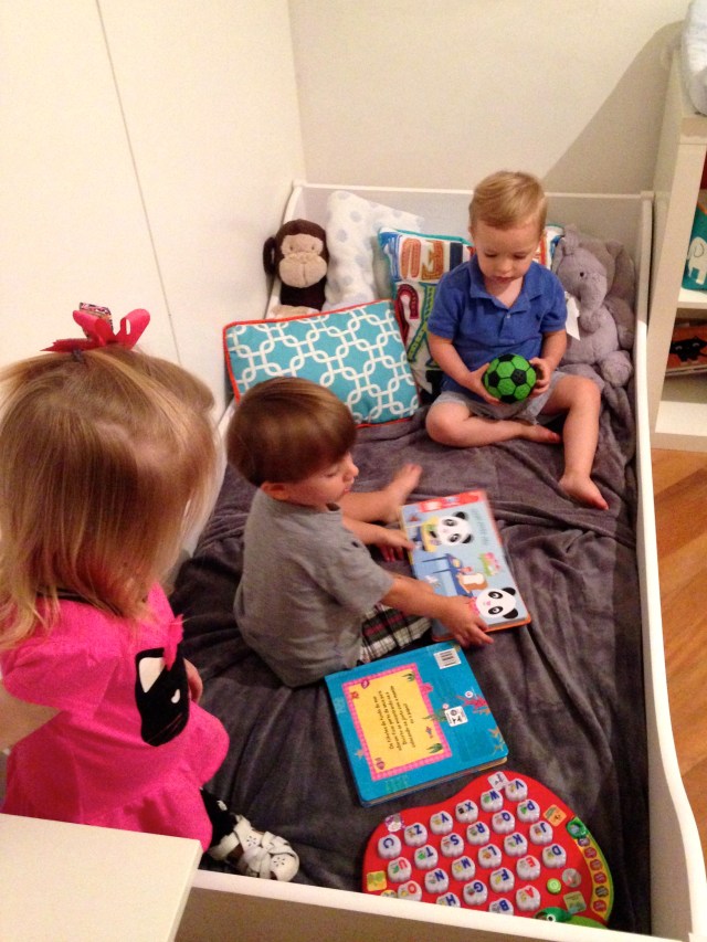 Mailey, Jack and Colt playing on Jack's new big-boy bed!